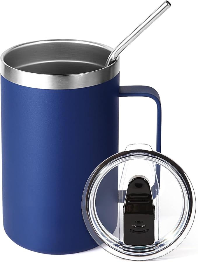 Volhoply 16oz Insulated Coffee Mug with Lid and Straw, Stainless Steel Travel Mugs with Handle, Double Wall Vacuum Leak Proof Coffee Tumbler Cup (Navy,1)