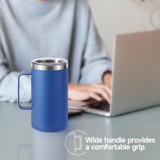 Volhoply 24oz Insulated Coffee Mug with Lid and Straw, Stainless Steel Travel Mugs with Handle, Double Wall Vacuum Leak Proof Coffee Tumbler Cup (Blue,1)