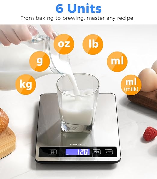 Food Scale - 15kg/33lb Rechargeable Digital Kitchen Scale with Full-View LCD Display, Grams and Ounces, Type-C or Batteries, Easy Clean Stainless Steel, for Baking, Cooking & Meal Prep, Black