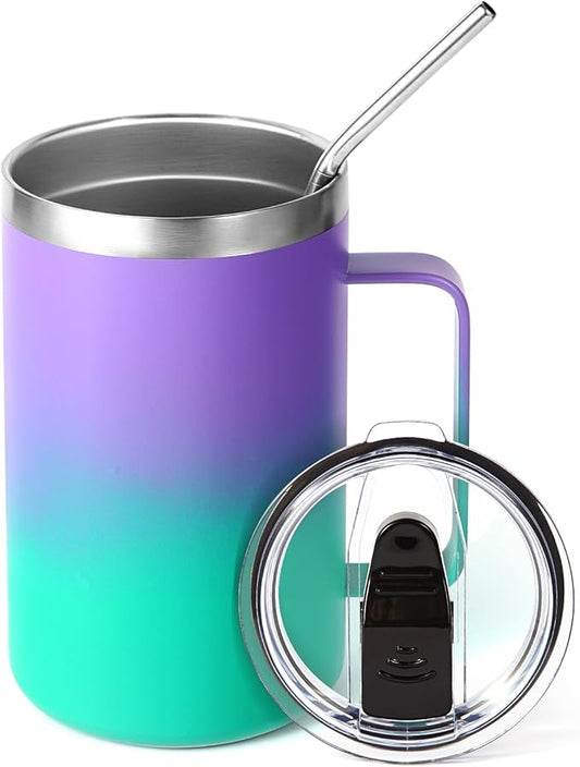 Volhoply 16oz Insulated Coffee Mug with Lid and Straw, Stainless Steel Travel Mugs with Handle, Double Wall Vacuum Leak Proof Coffee Tumbler Cup (Purple Green,1)