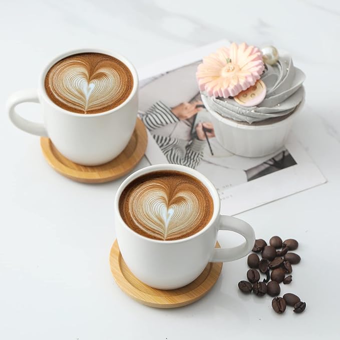 HASENSE 3 Ounce Espresso Cups and Saucers Set of 6, Demitasse Cups with Handle for Coffee Drinks, Latte, Cappuccino, Cafe Mocha and Tea, Porcelain Coffee Cups for Coffee Bar Home and Party, White