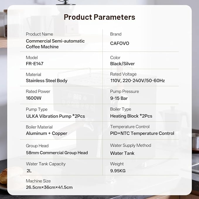 E147 9Bar Semi-automatic Espresso Machine, PID+NTC Temperature Control, Double ULKA Pump Double Boiler, Coffee Machine with OPV for Home Cafe