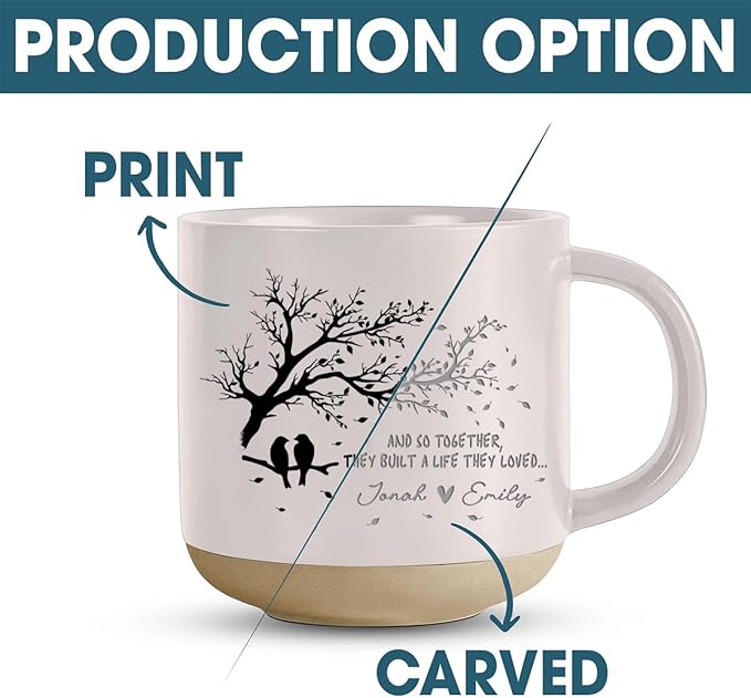 Personalized Love Birds Pottery Mug 12oz, Custom Couple Tree Design Coffee Mug with Names, Engagement, Wedding & Anniversary