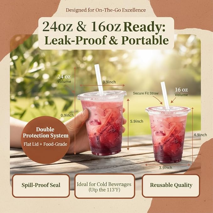 105 Packs Clear Iced Coffee Cups with Lids and Straws,16oz+24oz Plastic Disposable Cups,Sturdy & Food Safe To Go Cups For Party,Coffee Bar, Drinks