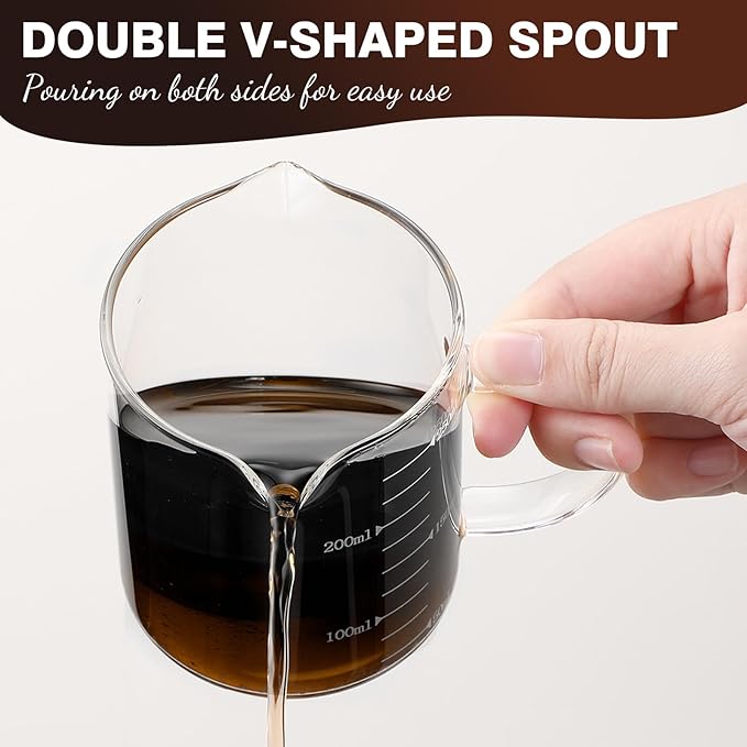 Patelai 2 Pcs 8oz Espresso Cups, Glass Measuring Cups with Double Spouts & Handle, Milk Frothed Cup Coffee Bars Accessories for Machine, Scale Glass Jars for Coffee, Water, Yogurt, Juice, Oil, 250ml