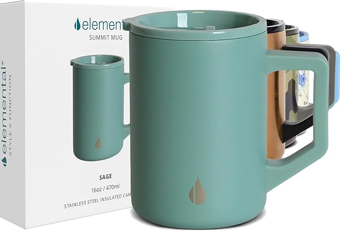 Elemental Insulated Coffee Mug - Triple-Wall Stainless Steel Summit Travel Cup for Hot and Cold Drinks - Thermal Coffee Mug with Lid and Handle for Camping, Office & Travel 16oz - Sage