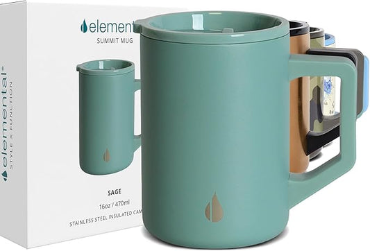 Elemental Insulated Coffee Mug - Triple-Wall Stainless Steel Summit Travel Cup for Hot and Cold Drinks - Thermal Coffee Mug with Lid and Handle for Camping, Office & Travel 16oz - Sage