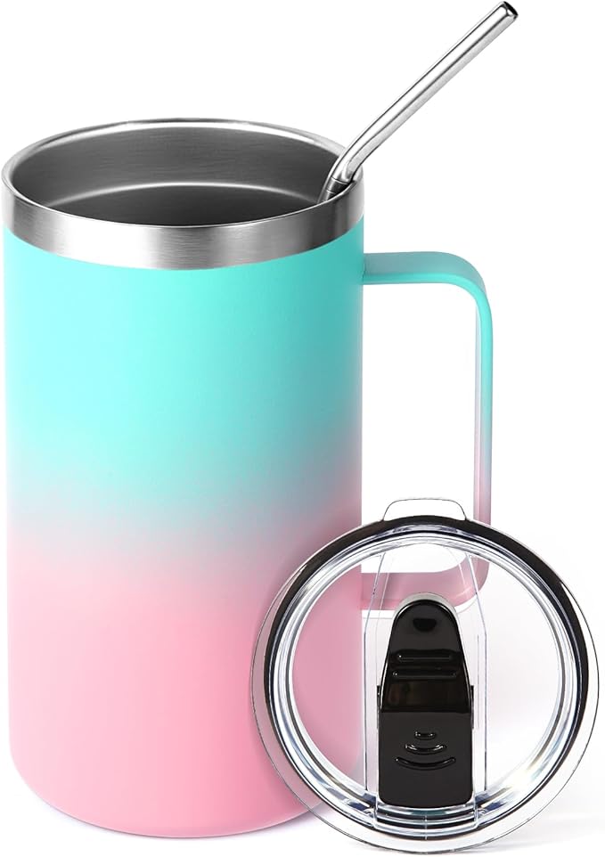 Volhoply 24oz Insulated Coffee Mug with Lid and Straw, Stainless Steel Travel Mugs with Handle, Double Wall Vacuum Leak Proof Coffee Tumbler Cup (Green Pink,1)