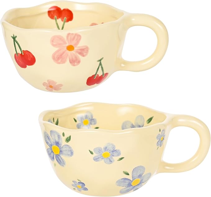 MAKCNMYM Ceramic Coffee Mug Set of 2 Vintage Flower Mugs 8 oz Cute Floral Coffee Mugs Irregular Latte Art Cup Lead-free Porcelain Cups for Cappuccino, Cocoa (Pink Cherry and Blue Flower)