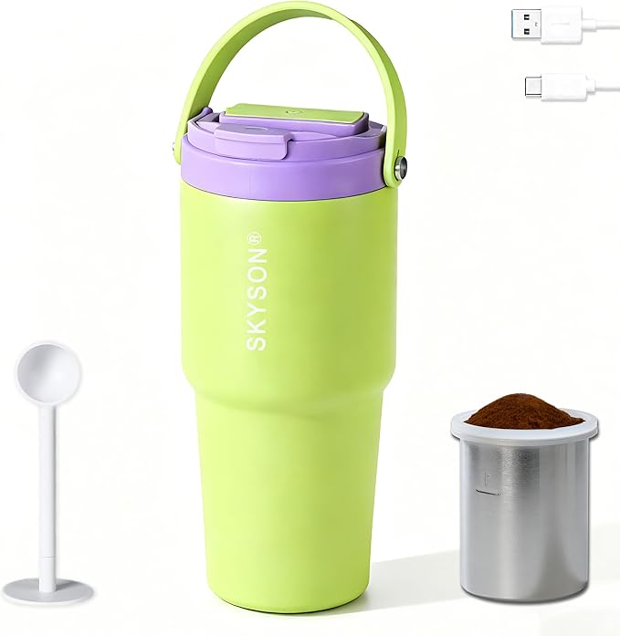 Fast Extraction Mini Electric Espresso Coffee Maker - Portable Filter Coffee Brewer for Travel,Insulated Stainless Steel Tumbler,20 oz Reusable Iced Coffee Cup Machine,Hot Coffee Mug with Lid(Green)