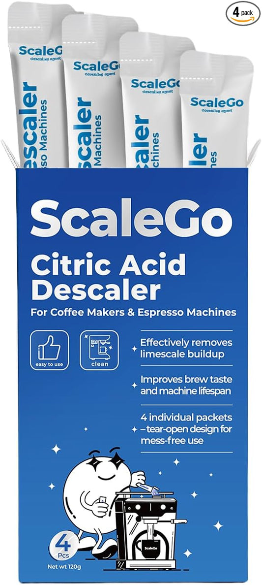 scalego Coffee Machine Cleaner & Descaler | Citric Acid Descaling Powder | Pre-measured Package for Mess-Free Use & Storage | Removes Limescale | Compatible with Keurig, Nespresso, Breville | 4 Uses