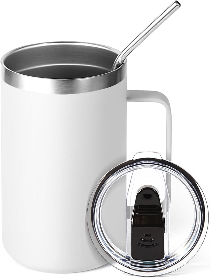 Volhoply 16oz Insulated Coffee Mug with Lid and Straw, Stainless Steel Travel Mugs with Handle, Double Wall Vacuum Leak Proof Coffee Tumbler Cup (White,1)