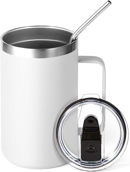 Volhoply 16oz Insulated Coffee Mug with Lid and Straw, Stainless Steel Travel Mugs with Handle, Double Wall Vacuum Leak Proof Coffee Tumbler Cup (White,1)