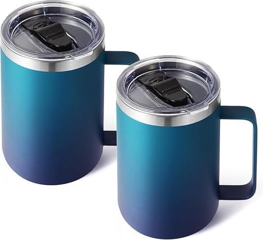 Volhoply 16oz Insulated Coffee Mug with Lid and Straw, Stainless Steel Travel Mugs with Handle, Double Wall Vacuum Leak Proof Coffee Tumbler Cup (Dark Night,2)