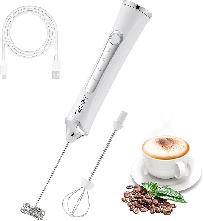 Rechargable Milk Frother, Handheld Drink Mixer with Whisk Attachment, 2025 upgraded powerfull 3 speed motor, Type C charging with charge light, with extra egg mix head (White without Stand)