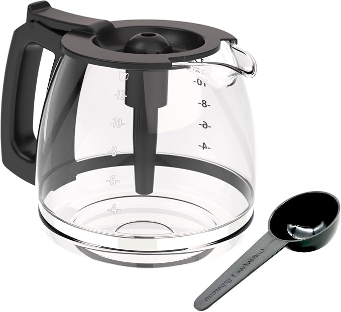 12-Cup Glass Coffee Pot Replacement, Universal and Adjustable, Compatible with Mr Coffee, B&D, Hamilton Beach and Cuisinart Coffee Makers, Black Lid and Handle