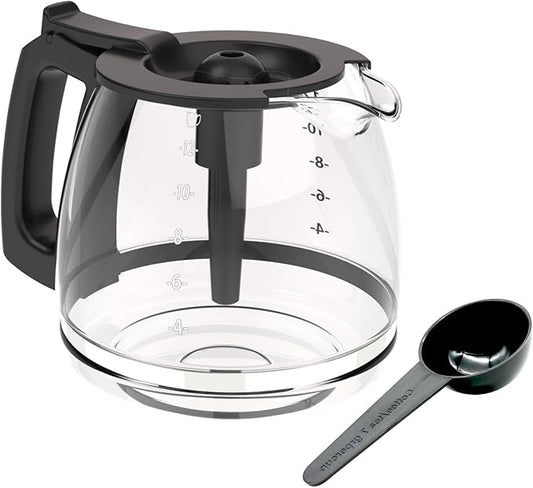 12-Cup Glass Coffee Pot Replacement, Universal and Adjustable, Compatible with Mr Coffee, B&D, Hamilton Beach and Cuisinart Coffee Makers, Black Lid and Handle