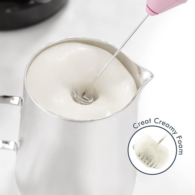 Powerful Milk Frother Handheld Foam Maker, Mini Whisk Drink Mixer for Coffee, Cappuccino, Latte, Matcha, Hot Chocolate, With Stand, Pink