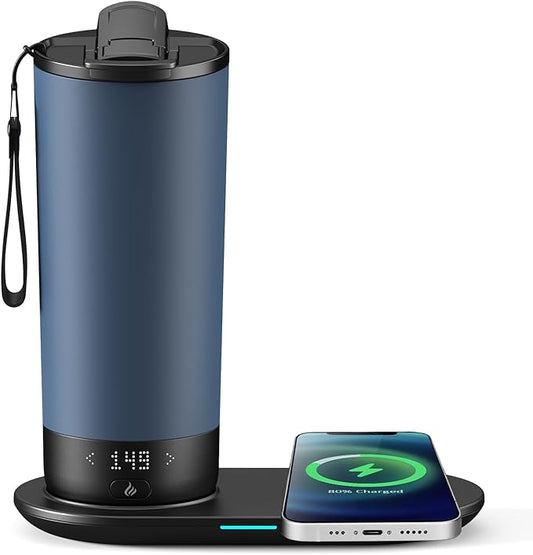 VFZO Temperature Control Heated Travel Mug Smart Self Heating Coffee Mug 20 Oz App Controlled LED Display coffee serving sets mug kept at a constant temperature for 4-10 hours (Slate Blue, 20 oz)