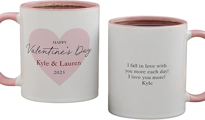 Personalization Universe Our First Valentine's Day Personalized Coffee Mug - 11 oz Ceramic - Customizable Text & Names - Ideal Valentines Day Gifts for Him - Microwave/dishwasher Safe - Pink