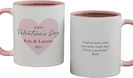Personalization Universe Our First Valentine's Day Personalized Coffee Mug - 11 oz Ceramic - Customizable Text & Names - Ideal Valentines Day Gifts for Him - Microwave/dishwasher Safe - Pink