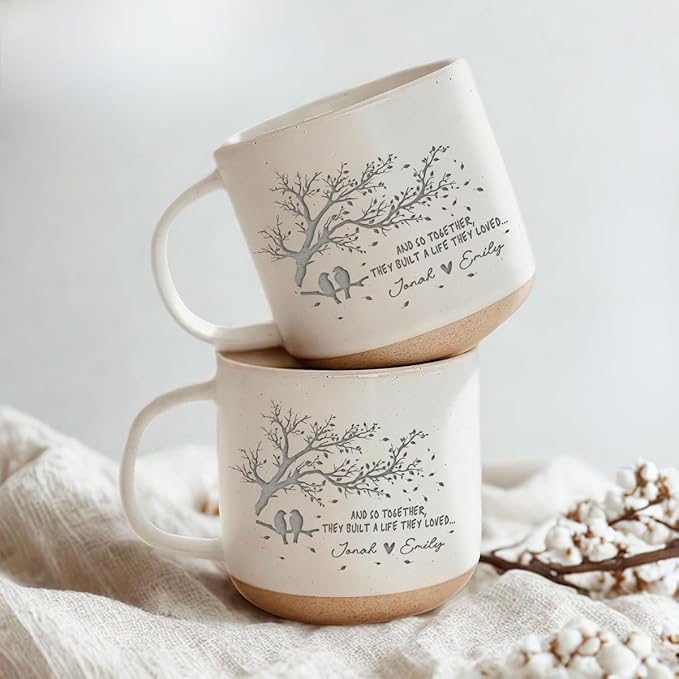 Personalized Love Birds Pottery Mug 12oz, Custom Couple Tree Design Coffee Mug with Names, Engagement, Wedding & Anniversary
