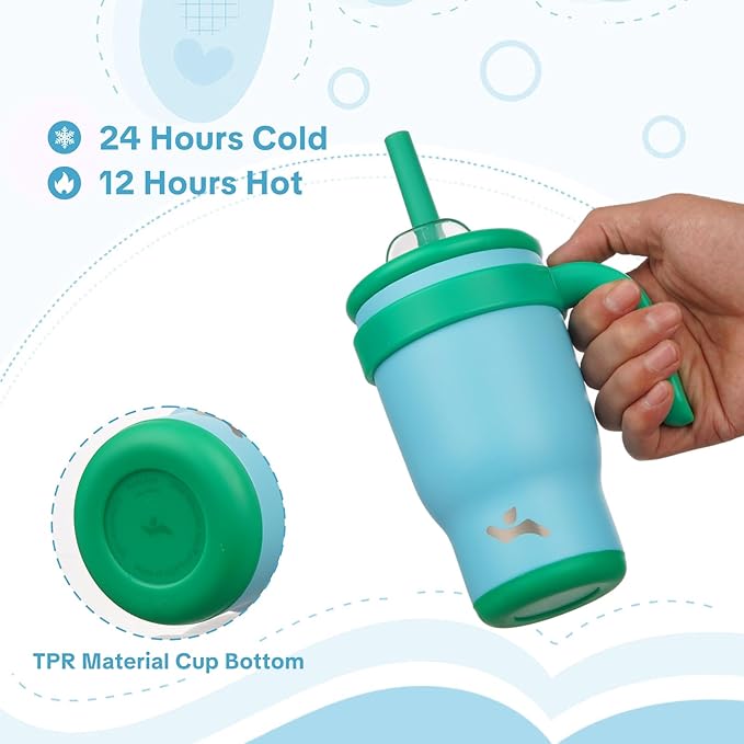 14 oz Tumbler with Side Handle, Insulated Water Bottle with Straw and 2 in 1 Lid, Stainless Steel Cup Travel Coffee Mug for Sports Office Gym,Ice Blue
