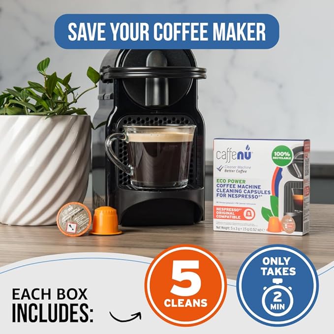 Caffenu Nespresso Compatible Cleaning Pods. 5 Cleaner Capsules. Improved Coffee Flavor. For Nespresso Originaline, Use with Descaling Kit.