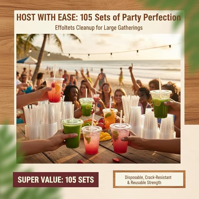 105 Packs Clear Iced Coffee Cups with Lids and Straws,16oz+24oz Plastic Disposable Cups,Sturdy & Food Safe To Go Cups For Party,Coffee Bar, Drinks