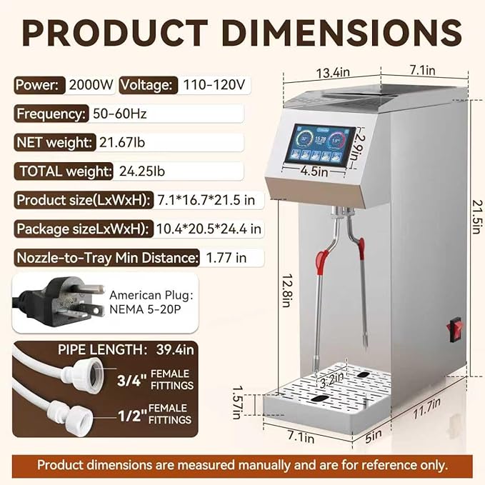 Vtsmax Commercial Milk Frother 2KW, Automatic Stainless Steel Steam Frother with Touch Control LED Display, 6 Temp Settings, External Water Bottle Compatible for Coffee Tea Shop (110-120V)
