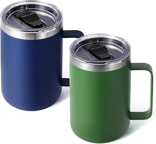 Volhoply 16oz Insulated Coffee Mug with Lid and Straw, Stainless Steel Travel Mugs with Handle, Double Wall Vacuum Leak Proof Coffee Tumbler Cup (Assort Color,2)