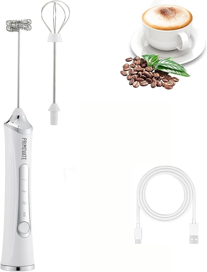 Rechargable Milk Frother, Handheld Drink Mixer with Whisk Attachment, 2025 upgraded powerfull 3 speed motor, Type C charging with charge light, with extra egg mix head (White without Stand)