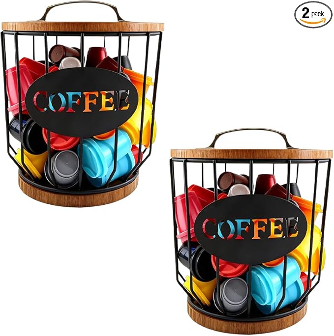 yaenoei 2 Pack Coffee Pod Holder with Lid Coffee Pods Storage Black Wire Coffee Storage Basket Large Capacity K Cup Holder with Wooden Base for Kitchen Countertop, Cafe Bar Organizer, Office Desktop