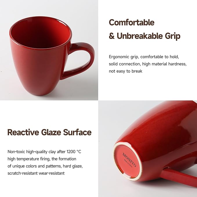 MONITO 17 OZ Coffee Mugs Set of 6, Modern Large Ceramic Coffee Mugs Set with handle for Tea/Latte/Milk/Cocoa, Funny Tea Cups for Office and Home, Engagement Gifts Red…