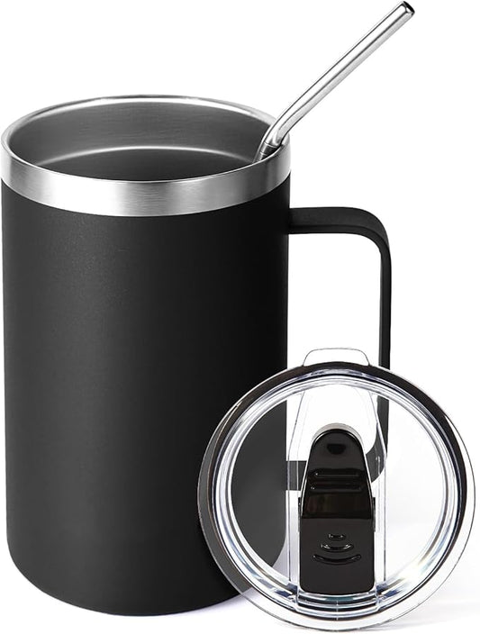 Volhoply 16oz Insulated Coffee Mug with Lid and Straw, Stainless Steel Travel Mugs with Handle, Double Wall Vacuum Leak Proof Coffee Tumbler Cup (Black,1)