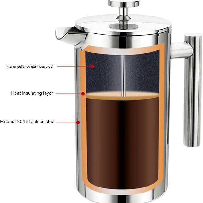 Coffito French Press Coffee Maker,Stainless Steel Double Wall Insulated Coffee Press 34 oz,4-8 Cups, Portable Hot Cold Brew Teapot Cafetera for Coffee Bar Accessories Kitchen Camping (silver,34oz)