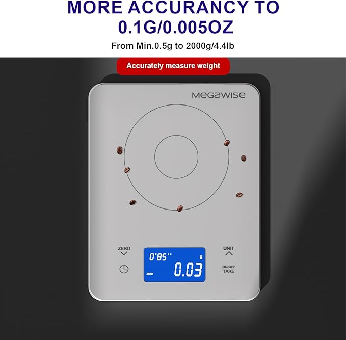 MEGAWISE High Precision Coffee Scale with Timer, Dual Power Supply, Waterproof Tempered Glass, 5 Weighing Modes, Professional Coffee Brewing Timer
