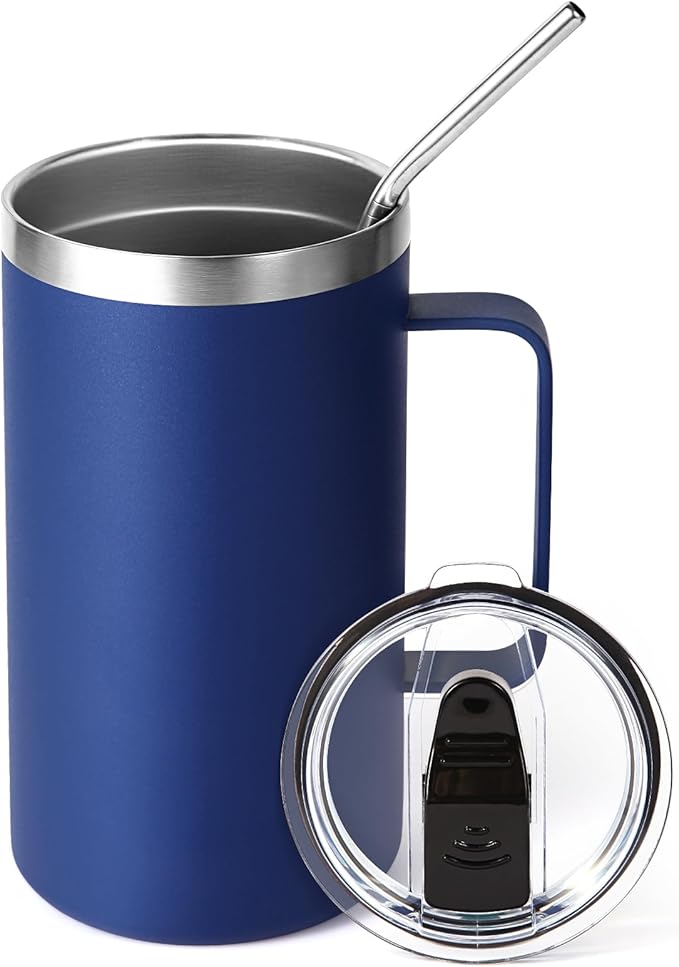 Volhoply 24oz Insulated Coffee Mug with Lid and Straw, Stainless Steel Travel Mugs with Handle, Double Wall Vacuum Leak Proof Coffee Tumbler Cup (Navy,1)