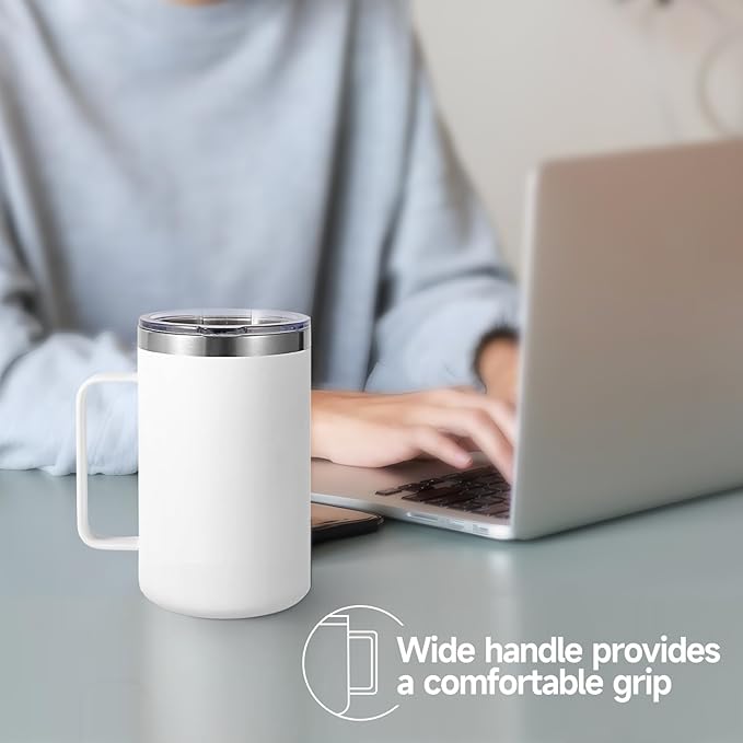 Volhoply 16oz Insulated Coffee Mug with Lid and Straw, Stainless Steel Travel Mugs with Handle, Double Wall Vacuum Leak Proof Coffee Tumbler Cup (White,2)