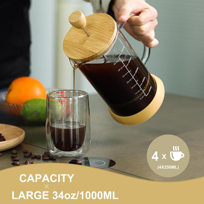 wedrink 34oz French Press Coffee Maker - Thicken Heat-Resistant Borosilicate Glass Bamboo Lid Plastic Free Coffee Press (1000ml)