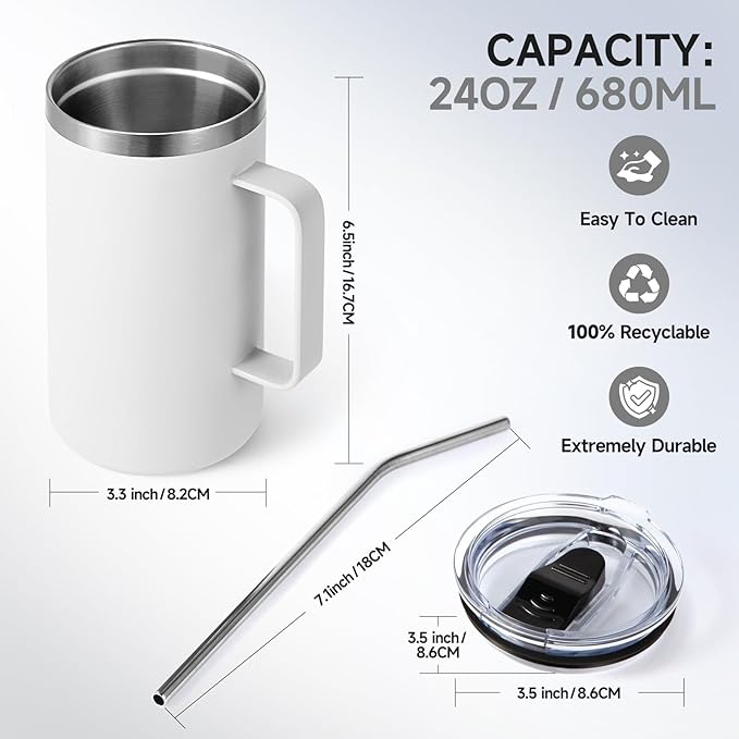 Volhoply 24oz Insulated Coffee Mug with Lid and Straw, Stainless Steel Travel Mugs with Handle, Double Wall Vacuum Leak Proof Coffee Tumbler Cup (White,1)
