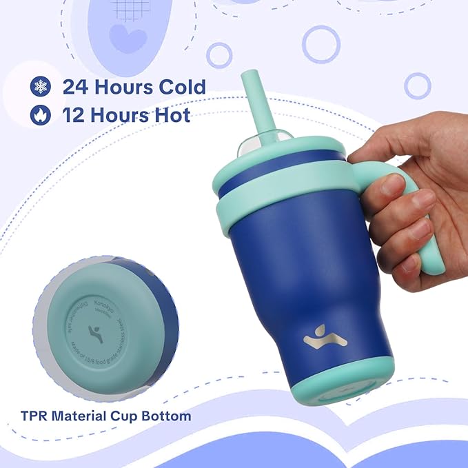 14 oz Tumbler with Side Handle, Insulated Water Bottle with Straw and 2 in 1 Lid, Stainless Steel Cup Travel Coffee Mug for Sports Office Gym,Dark Blue
