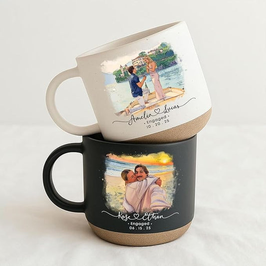 Personalized Couple Photo Pottery Mug 12oz, Custom Engagement, Wedding & Anniversary Coffee Mug, Handmade Ceramic Mug with Names, Date, Romantic Gift for Couple