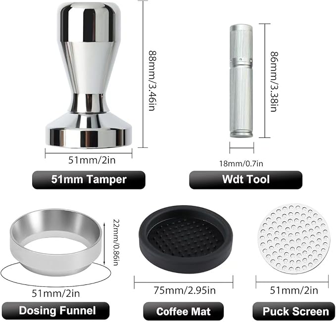 51mm Espresso Accessories Kit, 316 stainless steel Espresso Tamper, WDT Tool, Puck Screen and Dosing Funnel Set Fits Delonghi 51 mm Espresso Coffee Machines and Portafilter, Barista Tools