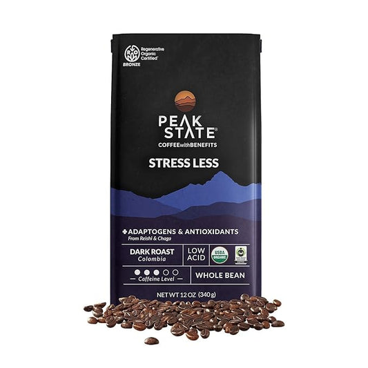 Peak State Coffee with Benefits - Mushroom Coffee Organic Beans - STRESS LESS Dark Roast Adaptogen with Reishi & Chaga - Mold Free, Mycotoxin Free,Vegan, Paleo, Dairy Free, Gluten-Free, Non-GMO (12 oz Bag, Whole Bean - $1.13/cup)