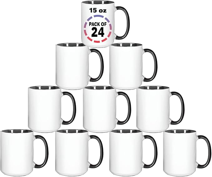 15oz Black Sublimation Mugs – Blank Ceramic Cups for Heat Transfer Printing – Set of 24 Bulk Mugs for Custom Crafting, Customizable Drinkware