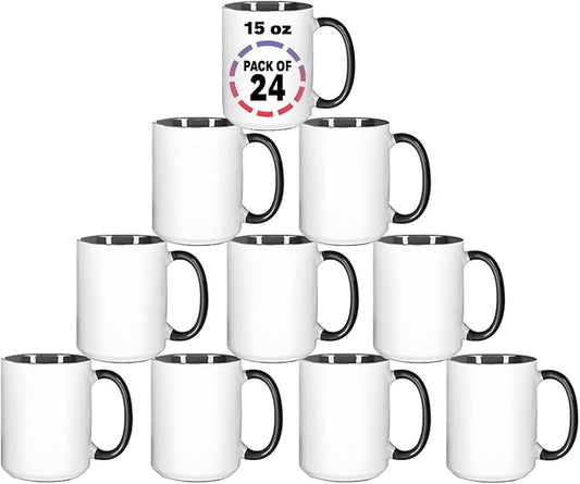 15oz Black Sublimation Mugs – Blank Ceramic Cups for Heat Transfer Printing – Set of 24 Bulk Mugs for Custom Crafting, Customizable Drinkware