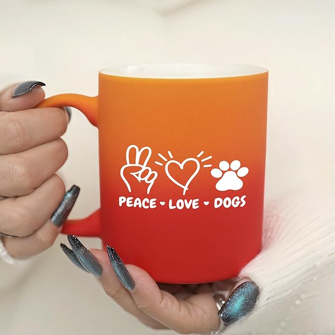 G MUGS Dog Lover Coffee Mug - Gift for Women Men,13oz Ceramic Tea Mug with Peace Love Dogs Design, Cute Paw Print & Heart Mug for Dog Owners Red And Yellow Mug