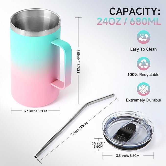 Volhoply 24oz Insulated Coffee Mug with Lid and Straw, Stainless Steel Travel Mugs with Handle, Double Wall Vacuum Leak Proof Coffee Tumbler Cup (Green Pink,1)