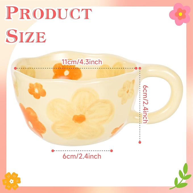 MAKCNMYM Ceramic Coffee Mug Vintage Flower Mugs 8 oz Cute Floral Coffee Mugs Irregular Latte Art Cup Lead-free Porcelain Cups for Cappuccino, Cocoa (Orange Flowers)